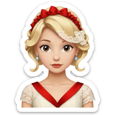 young elegant lady, wavy blonde hair in a low bun, lace dress, diamond studs, poised look sticker