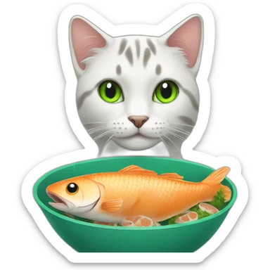 A cat with green eyes eats fish sticker
