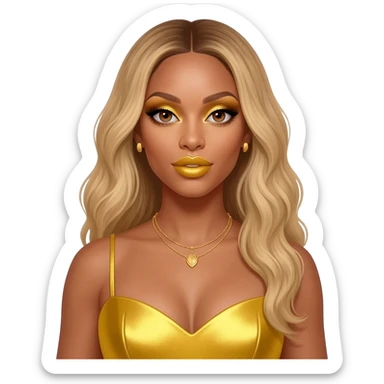 Beyonce with hazel brown eyes, long blonde hair, gold eyeshadow, gold lipstick, yellow metallic sweetheart dress, gold necklace and earrings sticker
