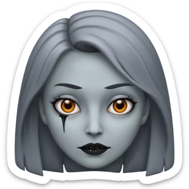 woman with gray skin and a creepy face sticker