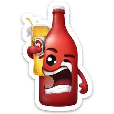 A red hearth with eyes, a mouth, and hands, looking tipsy, holding a drink bottle, with a playful, drunken expression sticker