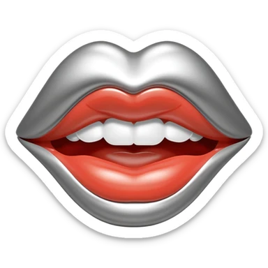 female lips emoji, smooth liquid metal chrome surface, sensual sculpted shape, high-gloss reflections, monochrome futuristic 3D style, isolated on white sticker