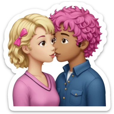 Blonde girl with a side part and pink hair clip kissing a brown curly haired boy sticker