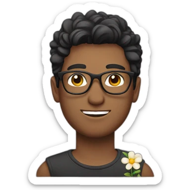 dark hair up guy with glasses and dark t-shirt with flowers print sticker