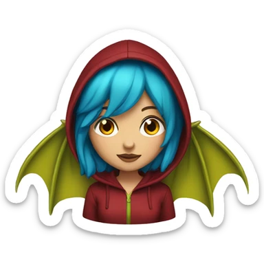 Lady with brunette and blue hair, gold, green dragon wings, maroon hoodie, and bright red eyes sticker
