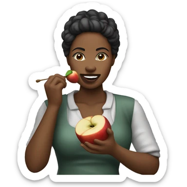 Mujer piel blanca pelo negro comiendo una manzana sticker