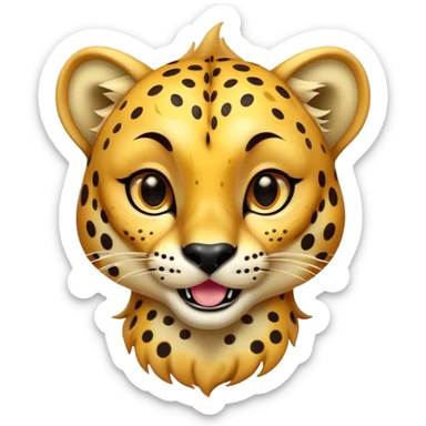 Cinematic Comical Cheetah Portrait Emoji, Head tilted dramatically with an exaggeratedly amused expression, featuring a striking, glossy golden Fur with bold spots, wide, expressive amber eyes filled with playful disbelief, Simplified yet hilariously expressive features, highly detailed, glowing with a slightly sassy glow, high shine, dramatic yet playful, stylized with an air of cheeky mischief, bright and endearing, soft glowing outline, capturing the essence of a spirited and over-the-top cheetah, so meme-worthy it feels like it could dash its way into internet fame instantly! sticker