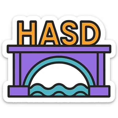 stylized bridge with the word 'HASD' standing on it, bold and prominent text, icon style sticker