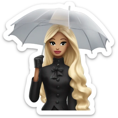 Stunning in the Spotlight Barbie, blonde teen Enid Sinclair,drying tears with handkerchief, show full body,accessories  gloves, funeral veil,covering face holding umbrella  sticker