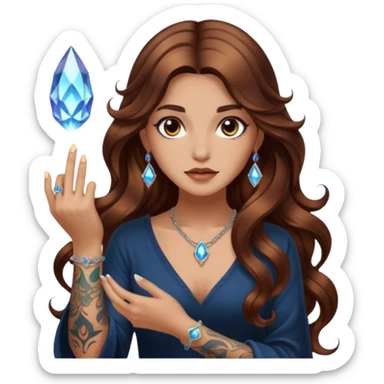 mystic woman long wavy brown hair tattoos lighting crystal with fingertip sticker