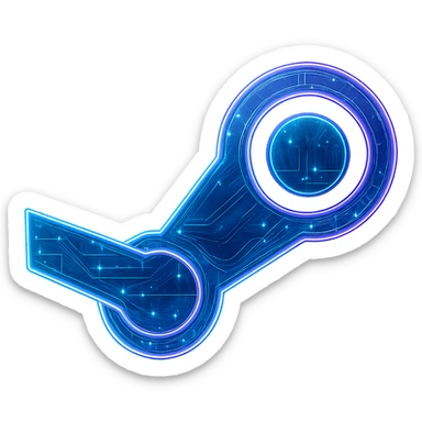 Transform the Steam icon into a cyberpunk, holographic style with glowing neon blue and pink edges and circuit patterns throughout. Maintain the exact shape and proportions of the original Steam logo, overlaying neon and circuit effects in the same futuristic, clean style as the previous cyberpunk folder and file explorer icons. The icon should have no circle or base, just the icon itself, with a transparent background. Style should reflect a cyberpunk holographic aesthetic with glowing neon blue and pink edges and intricate circuit patterns. sticker