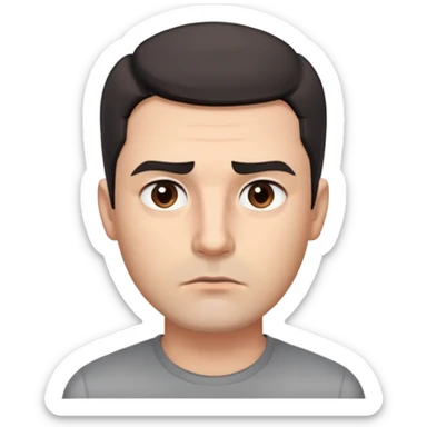 Professional man with square face, defined jawline, full cheeks, overtly skeptical expression, medium brown eyes with paranoid look, prominent eyebrows raised, wide nose, lips pressed together suspiciously, short dark hair, wearing a gray shirt sticker