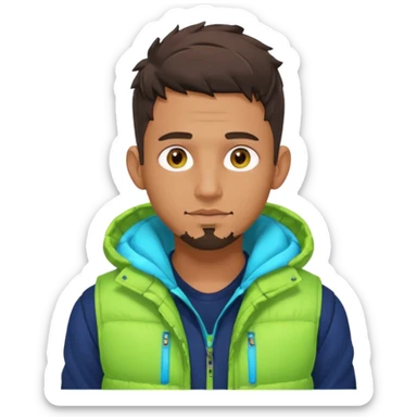 Cyberpunk street adult, hispanic, male, messy undercut, puffer vest over hoodie, glowing earpiece, light stubble, brown eyes, neon reflections, headshot sticker