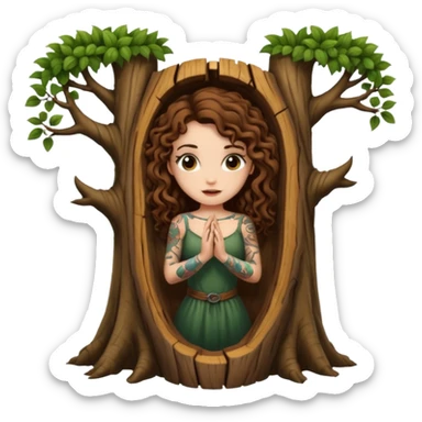 woman with long curly brown hair, brown eyes, white skin, tattoos, opening a tree trunk like a secret door portal sticker