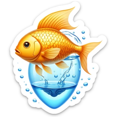 Golden fish in blue water transforming into an omega-3 capsule, with ethereal energy connecting to a heart and brain, showing the origin of omega-3 from fish sticker