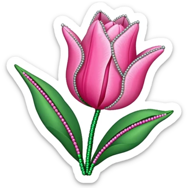 french beaded pink tulip flower with 2 leaves, handmade with glass beads, no background sticker