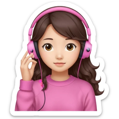 a asian japanese girl with wavy long silky brown hair and no bangs. she has a cute pink gaming headphones. she is wearing a cute pink sweater  sticker