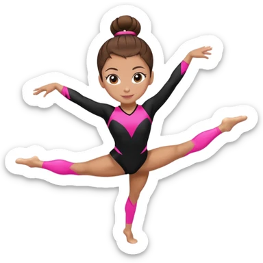 A female gymnast with brown hair in a neat bun, wearing a black uniform with neon pink elements. sticker
