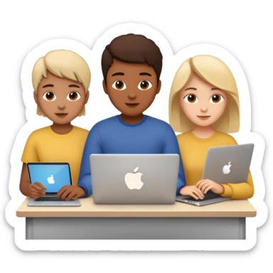 three young people programming together with laptops, teamwork, apple emoji style sticker