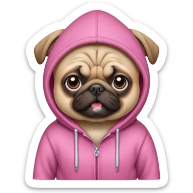 A pug wearing a pink hoodie sticker