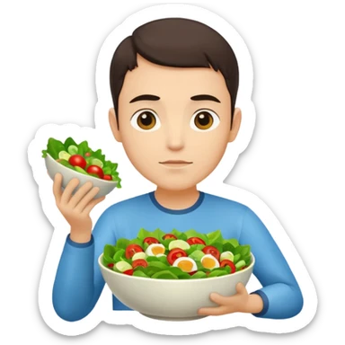 Same avatar, thinking expression, holding a bowl of salad. sticker