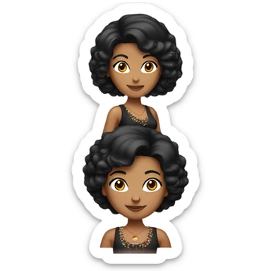 Tanned woman with black hair wearing 1970s style outfit and hair sticker