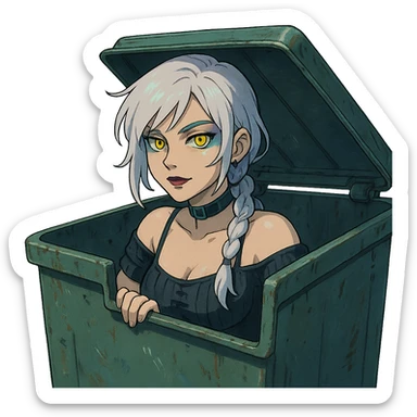 she is poking out from a garbage dumpster, a closeup portrait of young woman with gold yellow eyes, white hair, long braid, black off-shoulder top d-cup, punk gothic style, futuristic cyberwave cyberpunk, sticker