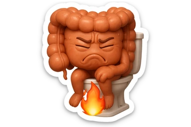 SU QUESTO STILE FAI UN EMOJI STILE IPHONE 3D DI UN INTESTINO CHE sta seduto sul wc e dal wc in mezzo alle sue gambe esce una fiamma stile emoji iphone, FAGLI UN ESPRESSIONE di dolore mentre si sforza E FALLO MOLTO REALISTICO IN 3D sticker