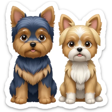 Generate a blue and tan purebred yorkie with a blonde shi tzu yorkie mix with floppy ears sitting next to each other. Make them the same soze sticker