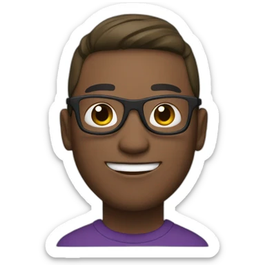 a smiling guy with purple glasses, a purple hoodie, black pants, brown and white shoes, a green cap surrounding his head (except his face) and   sticker