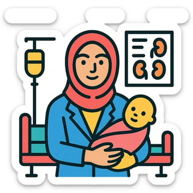 Add a baby in her arms, keep her confident pose and hospital background. sticker