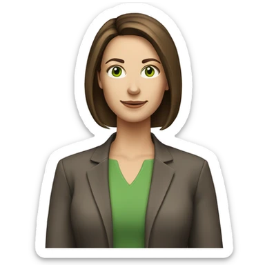 pretty middle age woman with green eyes and shoulder length straight brown hair at work sticker