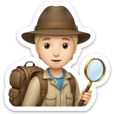 Explorer young man with hat and magnifying glass and backpack, portrait sticker