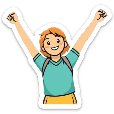 college student smiling in front of a laptop, arms raised in a hooray position, sticker style sticker