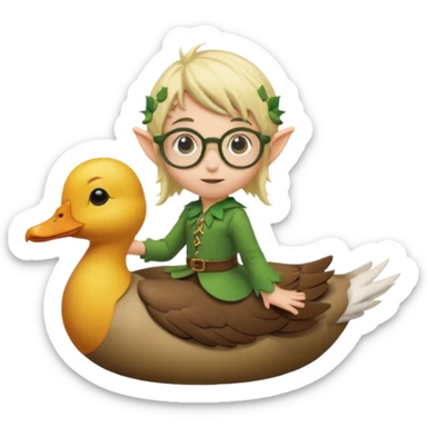 tiny forest elf blode hair with round glasses riding a wild duck sticker