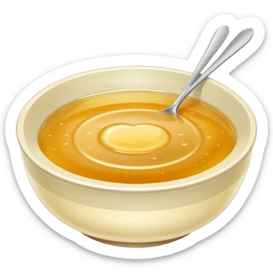 a bowl of golden broth, plain, smooth surface, no spoon, simple, clear sticker