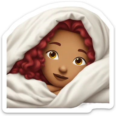 Girl with burgundy hair  laying down cozy in a white blanket sticker