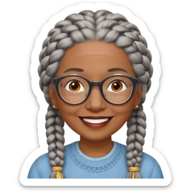 Older woman of color with gray braids, glasses and smiling sticker