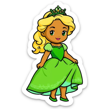 Disney Princess Tiana with super long blonde curly hair, green princess dress sticker