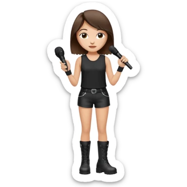 Crie uma cantora morena charmosa de shortes top e bota com microfone branca e cabelo preto Bota preta roupa preta sticker