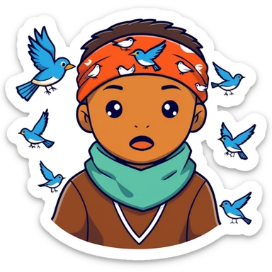 Niño color café con un pañuelo en la boca y con pájaros volando en si cabeza sticker