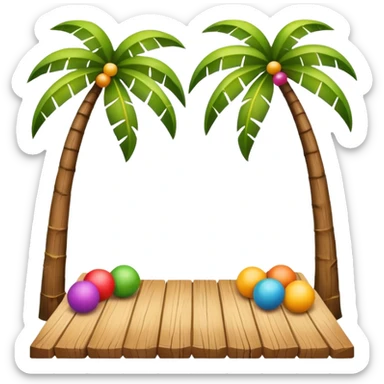 tropical summer frame, emoji style, featuring coconut trees, planks, and colorful balls sticker