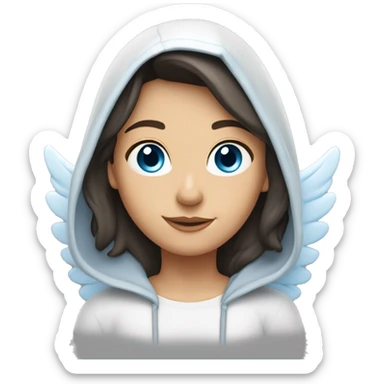 Caucasian dark haired female Angel with blue eyes and dimples wearing a hoodie with wings and a halo over her head sticker