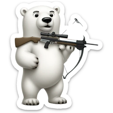 polar bear standing up with crossbow he uses for peaceful research purposes only sticker