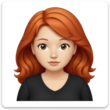 red-haired woman, slightly chubby, mixed hair (straight and wavy), black clothing sticker