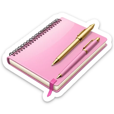 Notebook, gold and pink and white. angled view. with pen sticker