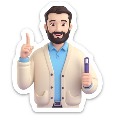 Professional 3D cartoon male character, dark hair, full beard, thick eyebrows, smiling confidently, wearing cream cardigan and pale blue shirt, one hand holding whiteboard, other hand pointing sideways, approachable presenter, neutral indoor background sticker