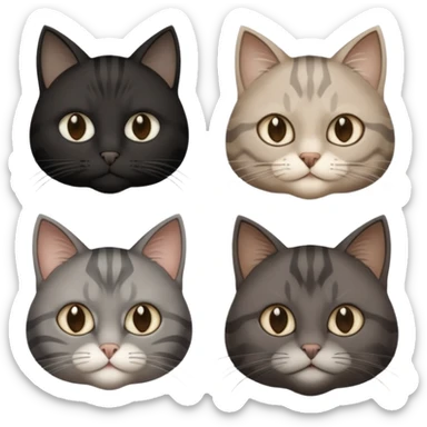 gatto nero con muso zona naso bianco (ricorda la maschera di batman), gatto siberiano grigio e beige mescolato, gatto grigio chiaro con qualche striatura grigio scura, gatto marrone con macchie beige sticker