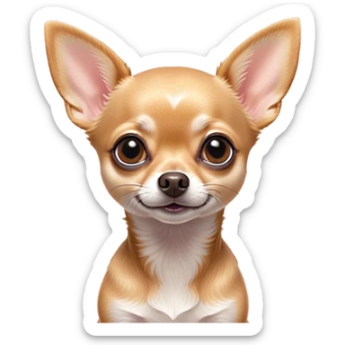 Cinematic Cute Fawn Short Haired Chihuahua Portrait Emoji, Head tilted playfully and inquisitively, smooth fawn fur with a healthy sheen, round, sparkling dark eyes filled with curiosity, Simplified yet irresistibly adorable features, highly detailed, glowing with a warm, friendly glow, high shine, affectionate and lively, stylized with a touch of whimsy, bright and endearing, soft glowing outline, capturing the essence of a mischievous yet loving pup, so playful it feels like it could bound out of the screen and into your arms! sticker