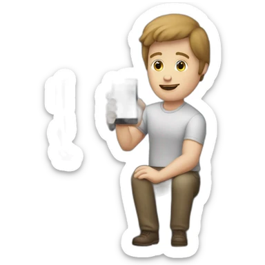 a man whit White skin looking a phone in front of a television sticker